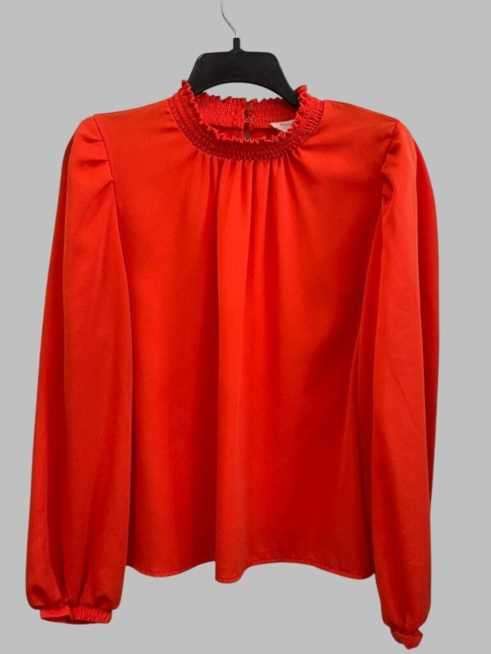 MELLODAY Orange Smocked High Neck Blouse Puff Sleeve Women's Large